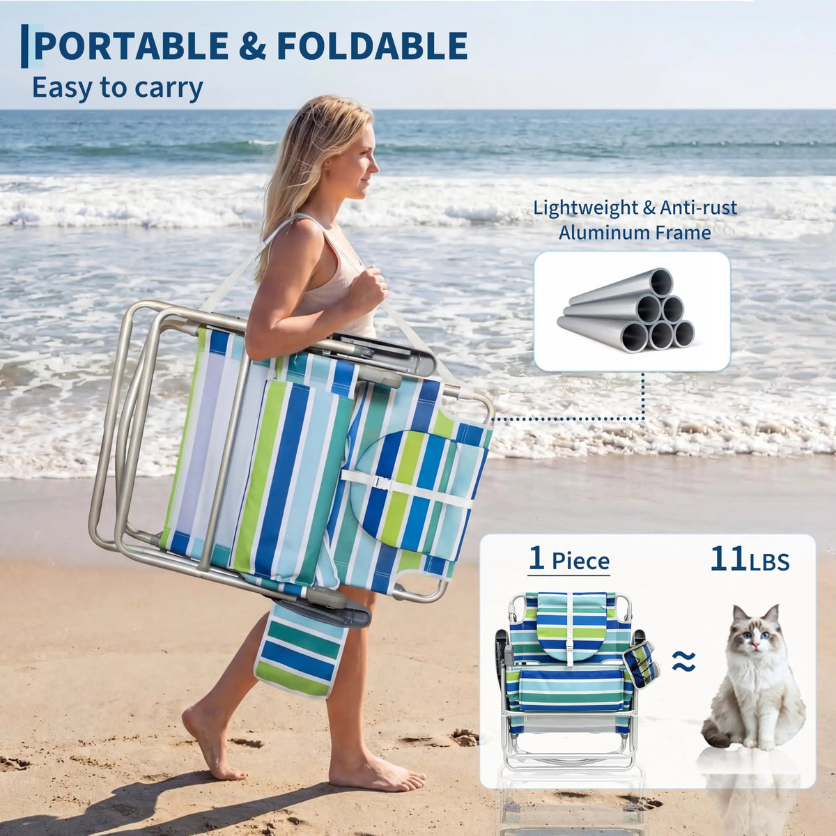 2 Pack Deluxe 3-in-1 Beach Chair with Face Hole, Folding Tanning Lounger, Outdoor Sunbathing Chair with Adjustable Footrest, Storage Pocket, 330lb Capacity for Beach Pool Patio Lawn