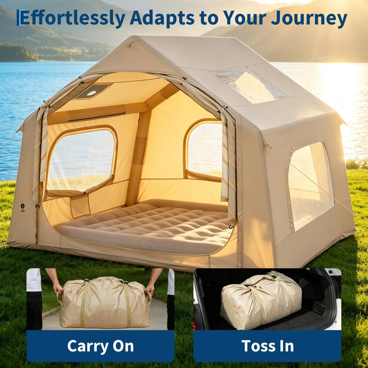 Inflatable Tent for Camping, Waterproof Air Glamping Tent with Skylight, Blow Up Tent with Stove Jack, Family Camping, Glamping & 4-Season Outdoor Use, 2-6 Person