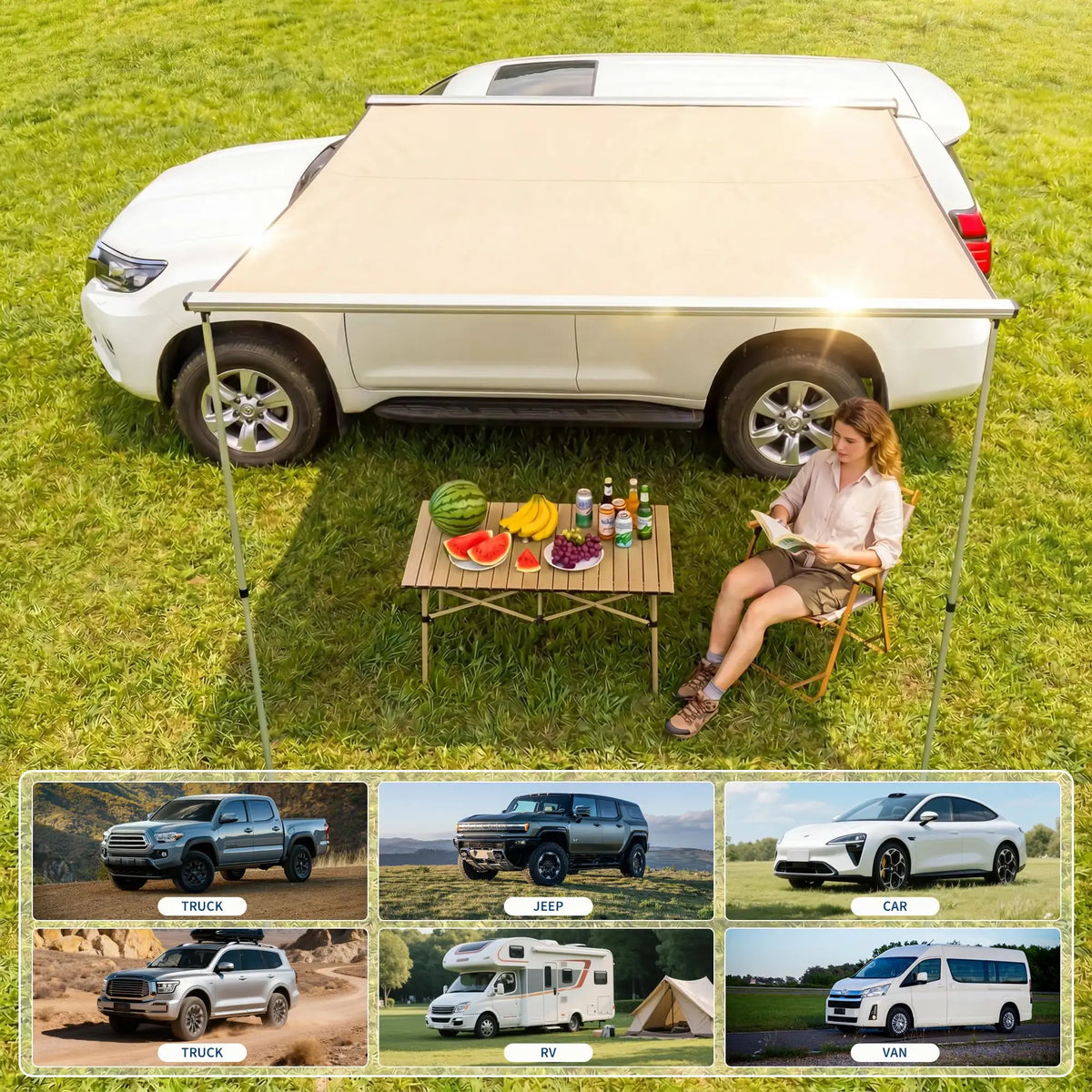 SUV Truck Van Roof Rack Awning - Retractable Side Sun Shade, UV50+ 600D Oxford Waterproof Canopy, Adjustable Aluminum Poles, Outdoor Camping Shelter with Storage Bag