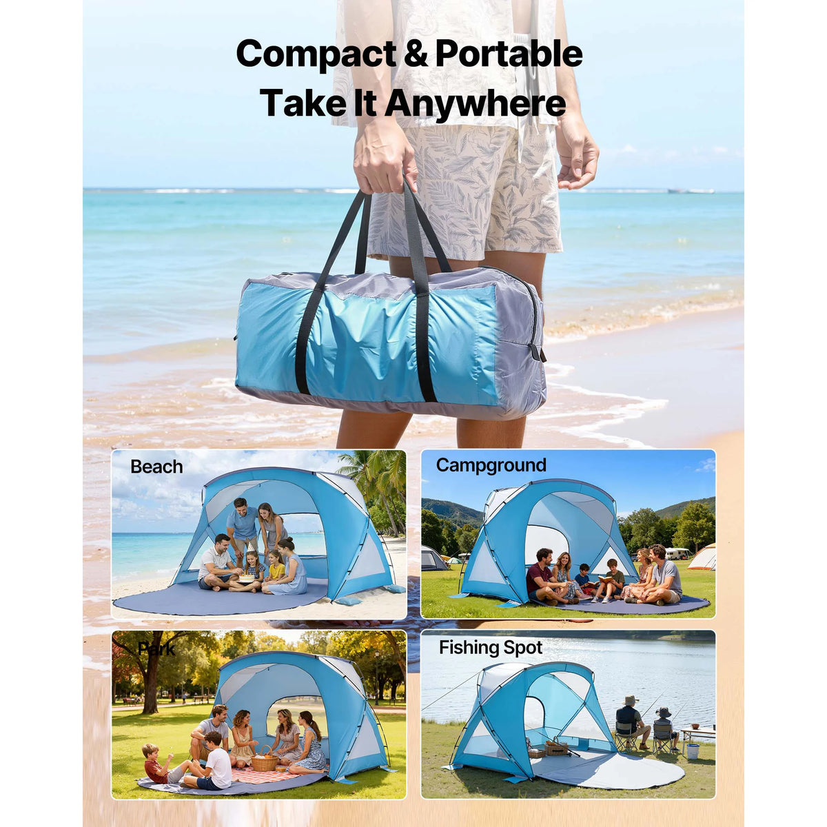 VEVOR Beach Tent Sun Shelter for 6 Person UPF 50+ Protection Portable Sun Shade Canopy with Carrying Bag for Family Camping