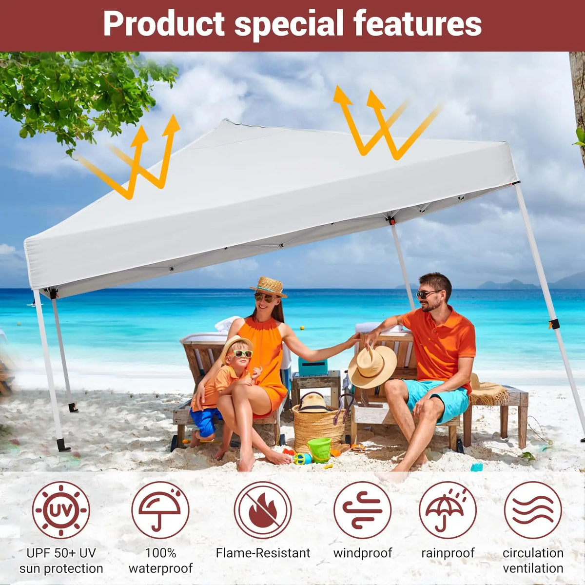 10x10FT Pop Up Canopy with Ten, Beach Tent with One Push Setup, Waterproof Outdoor Beach Canopy, Pop-Up Sun Shelter Canopy with Wheeled Bag for Parties, Beach, Outdoor, White