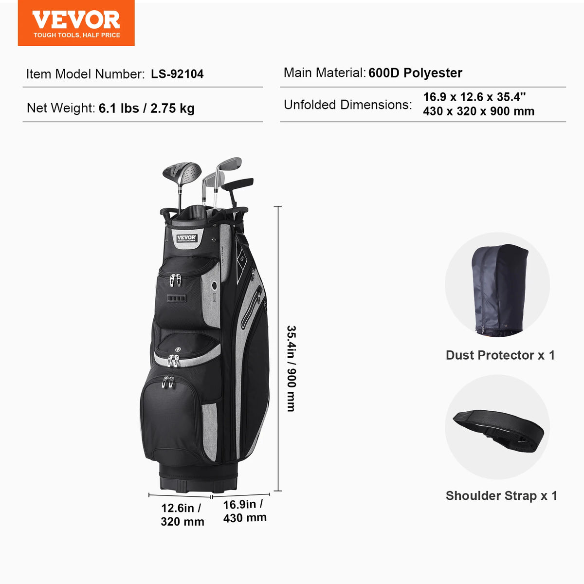 VEVOR Golf Cart Bag w/ 14 Way Organizer Divider Top Pockets Premium Cart Bag Durable Golf Bags with Handles&Detachable Straps