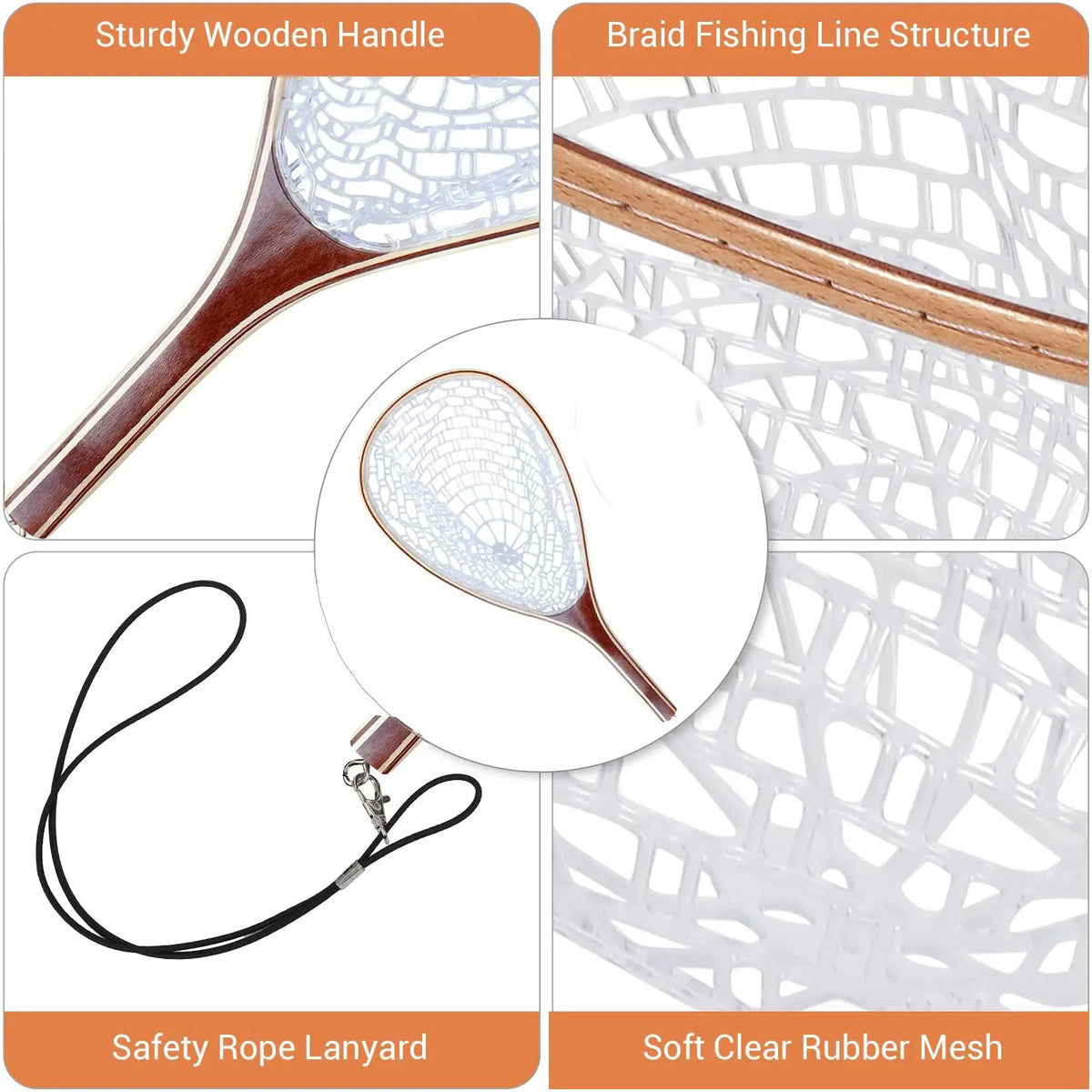 Fishing Net for Trout, Fly Fishing Net with Soft Rubber Mesh, Wooden Handle Fishing Net for Freshwater & Saltwater Fishing, Catch and Release, Gift for Anglers & Fly Fishing Enthusiasts