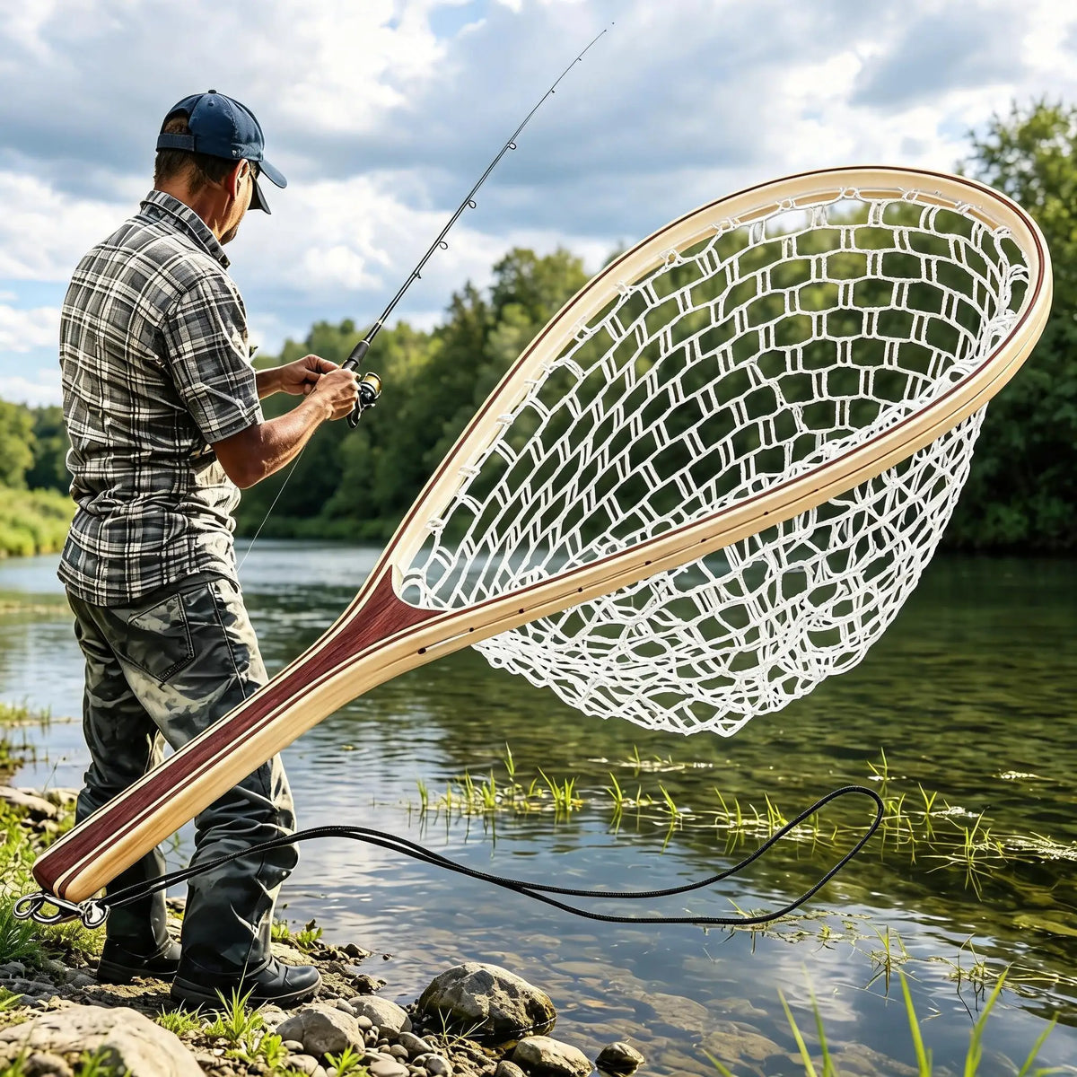 Fishing Net for Trout, Fly Fishing Net with Soft Rubber Mesh, Wooden Handle Fishing Net for Freshwater & Saltwater Fishing, Catch and Release, Gift for Anglers & Fly Fishing Enthusiasts