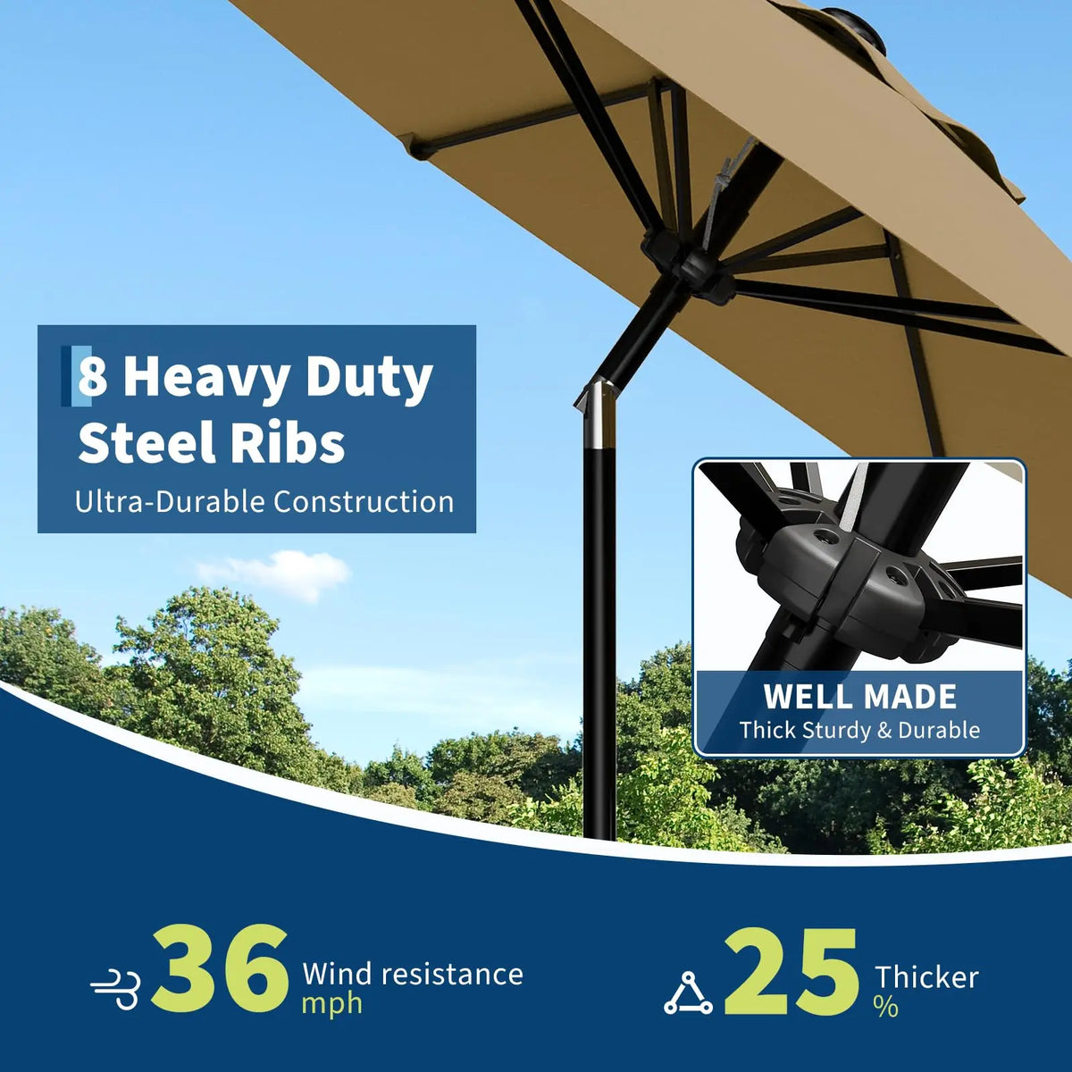 10FT Patio Umbrella - Outdoor Table Umbrella with Smooth Crank Lift, Push Button Tilt and 8 Sturdy Ribs - Market Umbrella UV Protection Waterproof for Pool, Deck, Yard, Garden (khaki)