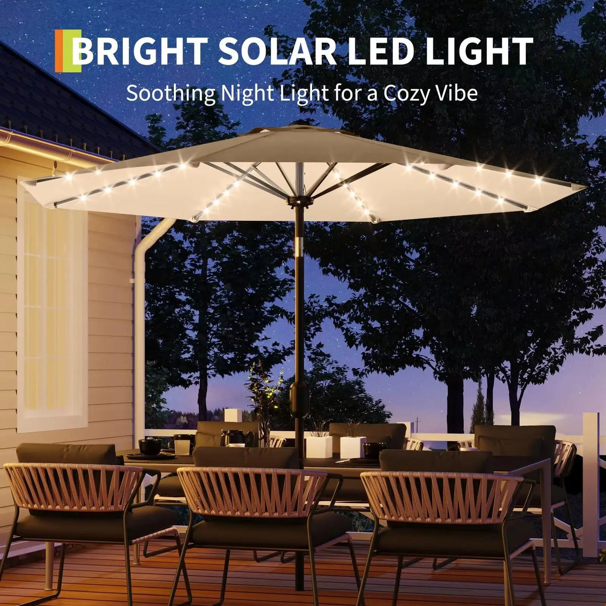 10 ft Patio Umbrella with Solar Lights, 8 Ribs Outdoor Market Table Umbrella with 40 LED Lights & Tilt Crank for Pool, Deck, Backyard (Tan)