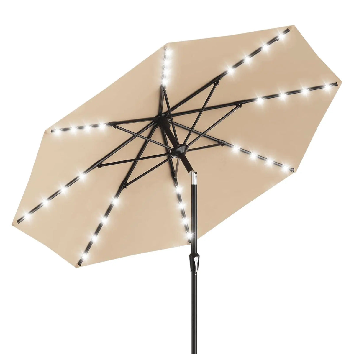 10 ft Patio Umbrella with Solar Lights, 8 Ribs Outdoor Market Table Umbrella with 40 LED Lights & Tilt Crank for Pool, Deck, Backyard (Tan)
