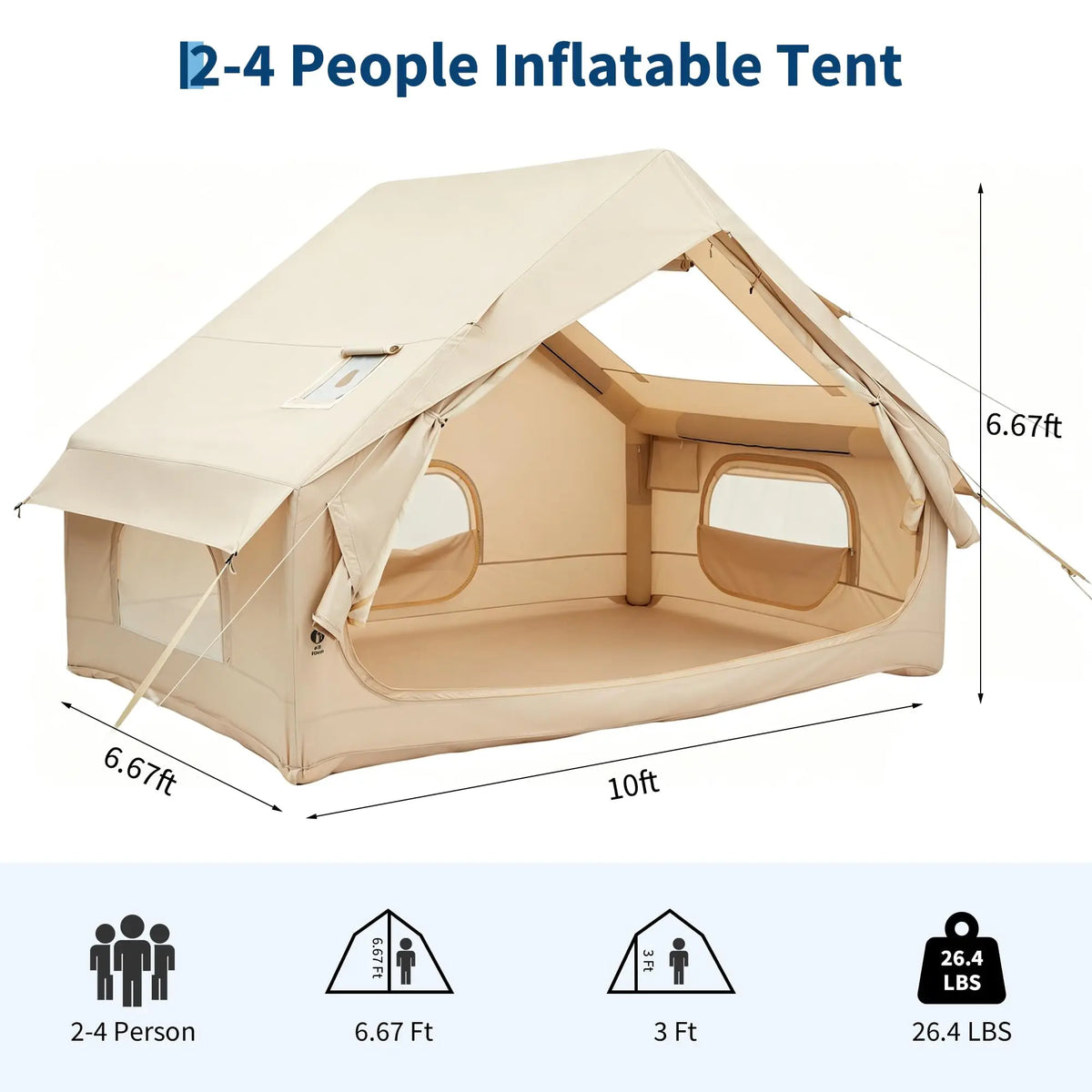 Inflatable Tent for Camping, Waterproof Air Glamping Tent with Skylight, Blow Up Tent with Stove Jack, Family Camping, Glamping & 4-Season Outdoor Use, 2-6 Person