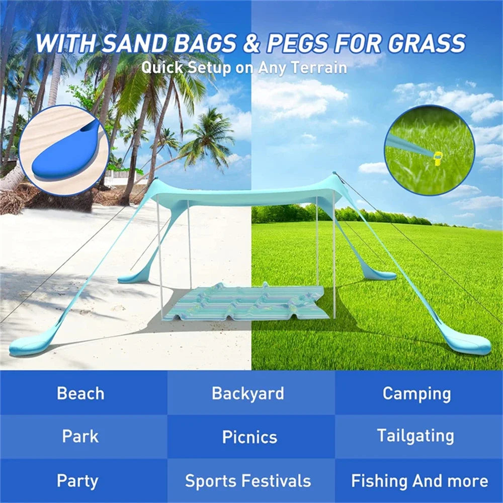 Beach Tent Sun Shelter with UPF 50+ UV Protection,Beach Canopy Sun Shade with Sandbags,Poles and Ground Pegs and Anti-Wind Ropes