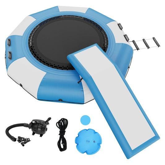 VEVOR 10ft Inflatable Water Bouncer Recreational Water Trampoline Portable Bounce Swim Platform with Slide 3-Step Ladder
