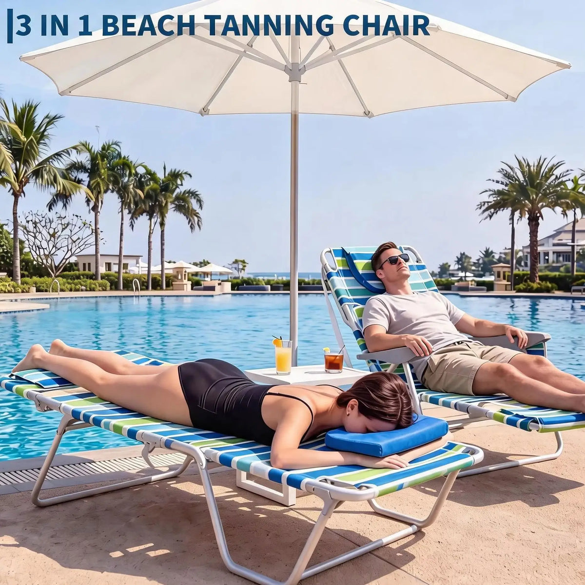 2 Pack Deluxe 3-in-1 Beach Chair with Face Hole, Folding Tanning Lounger, Outdoor Sunbathing Chair with Adjustable Footrest, Storage Pocket, 330lb Capacity for Beach Pool Patio Lawn