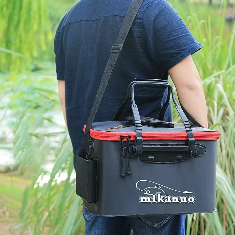 New 30-50cm Fishing Bucket EVA Foldable Carrying Handle Collapsible Live Fish Box with Side Pocket and Zipper for Travel Camping