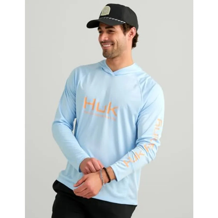 Mens Pursuit Vented Long Sleeve Hoodie for fishing, polyester mesh blend, navy blue, breathable and sun-protective