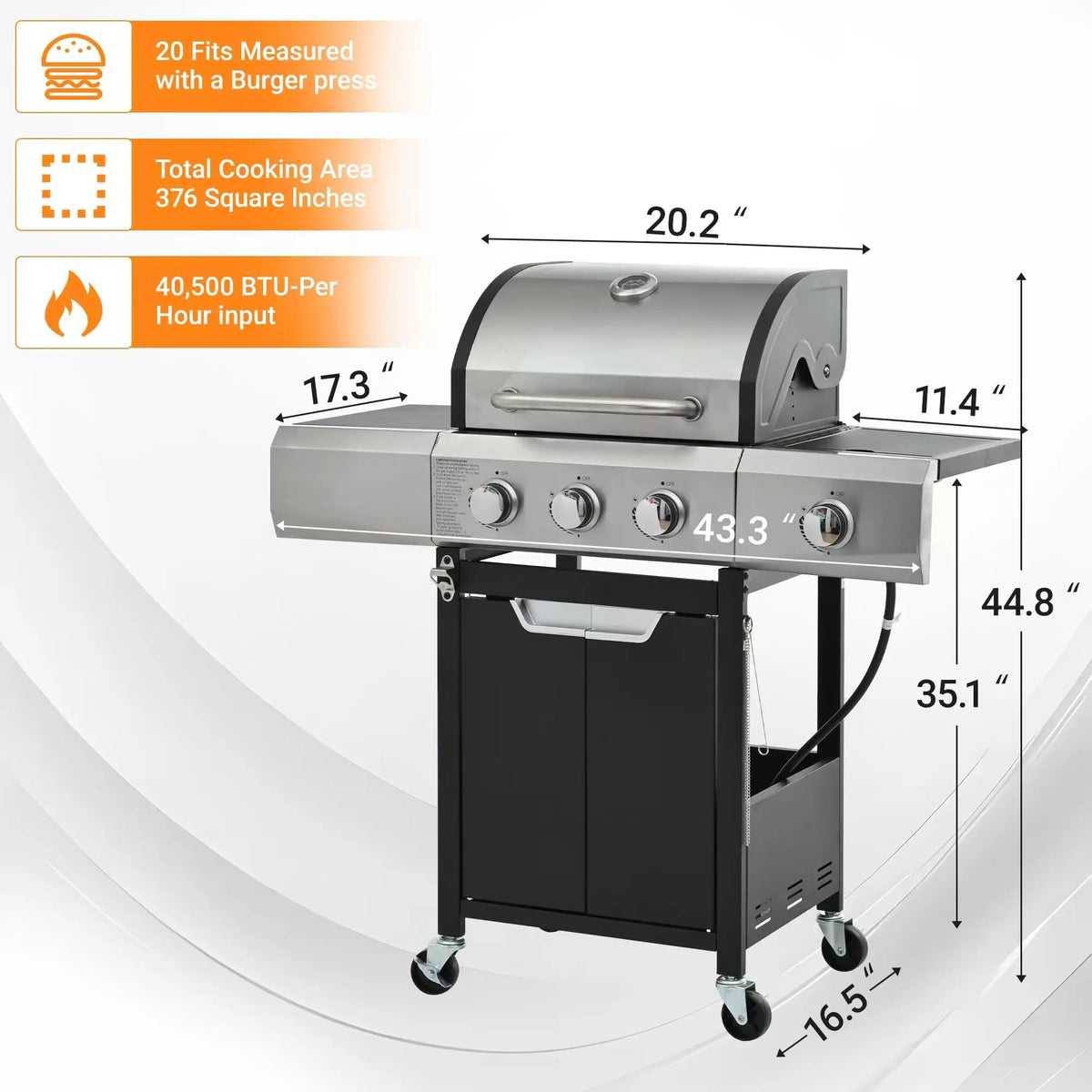 3-Burner Propane Gas Grill with Sear Burner and Side Burner, Stainless Steel BBQ Grill with 376 Sq. In. Grilling Area for Outdoor Barbecue Cooking, 40,500 BTUs Sliver