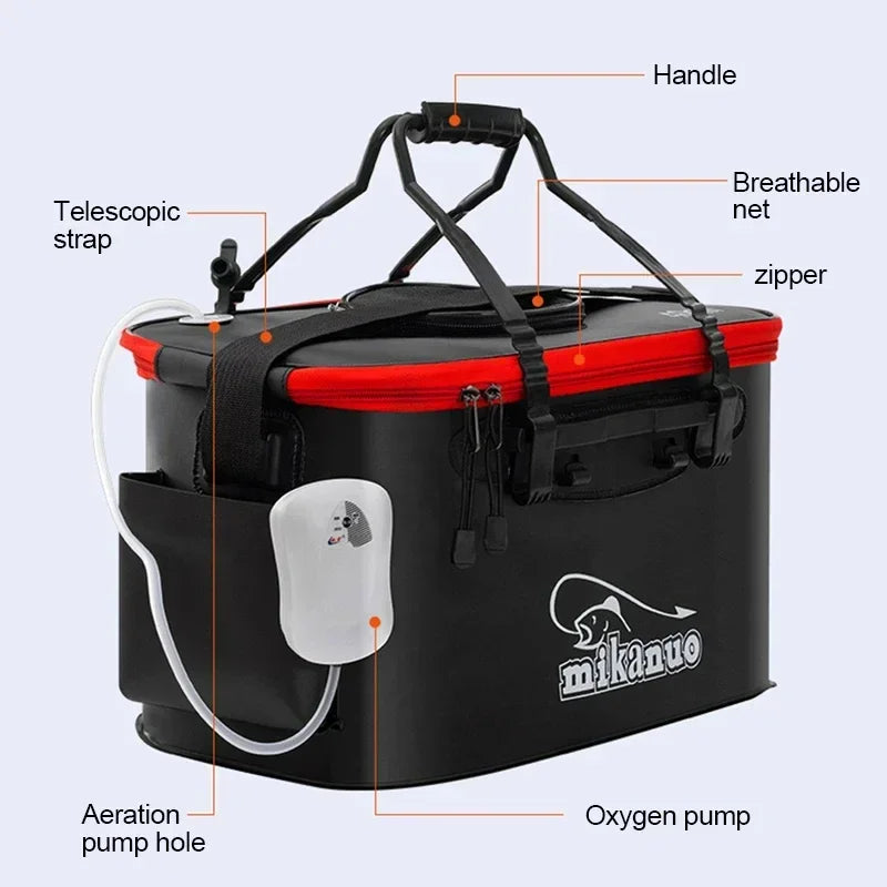 New 30-50cm Fishing Bucket EVA Foldable Carrying Handle Collapsible Live Fish Box with Side Pocket and Zipper for Travel Camping