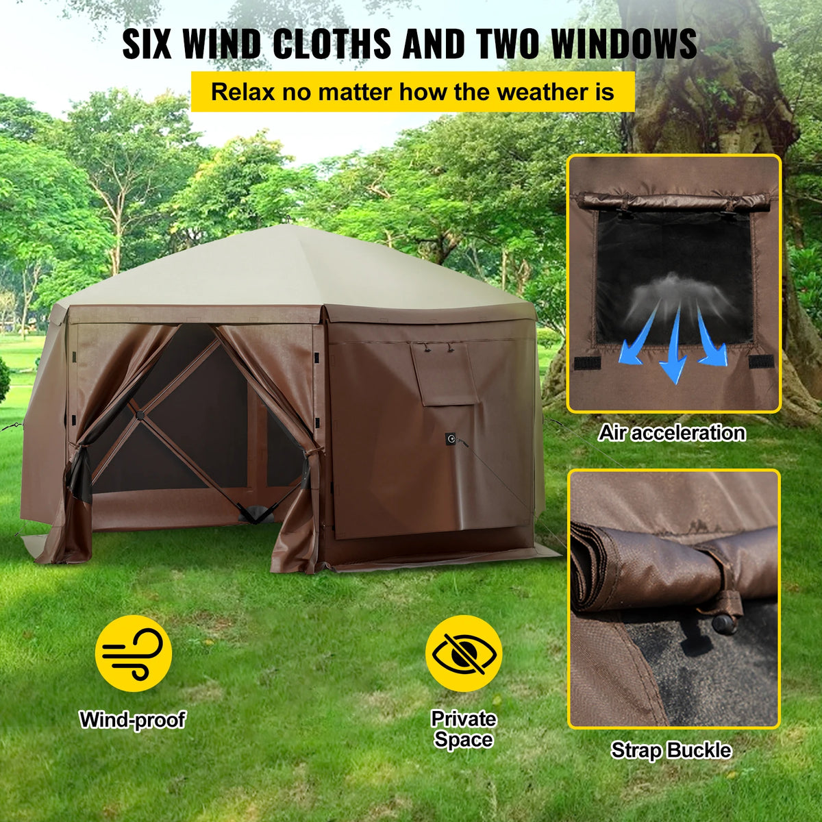 VEVOR Pop-up Camping Gazebo Camping Canopy Shelter 6 Sided 12' x 12' / 10' x 10' Sun Shade Tents & Canopies Camping & Hiking