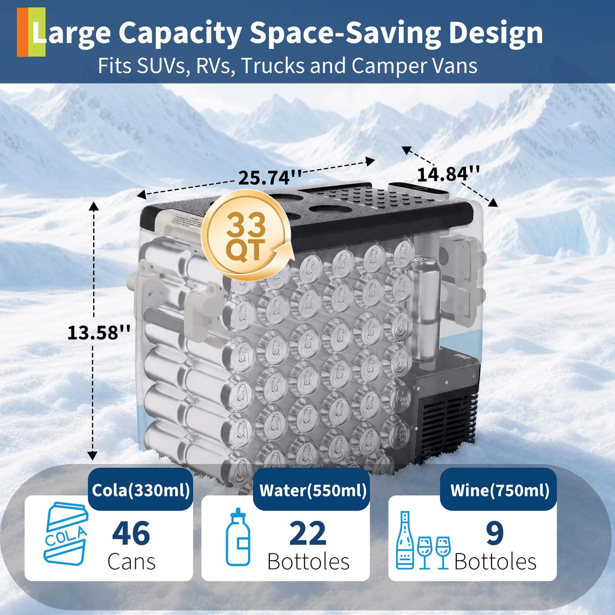 33QT Electric Cooler, 12V Car Refrigerator with Handle, -4℉ to 50℉ Truck Refrigerator, Portable Car Fridge with AC/DC Power for Camping, RV, Road Trips & Outdoor Travel