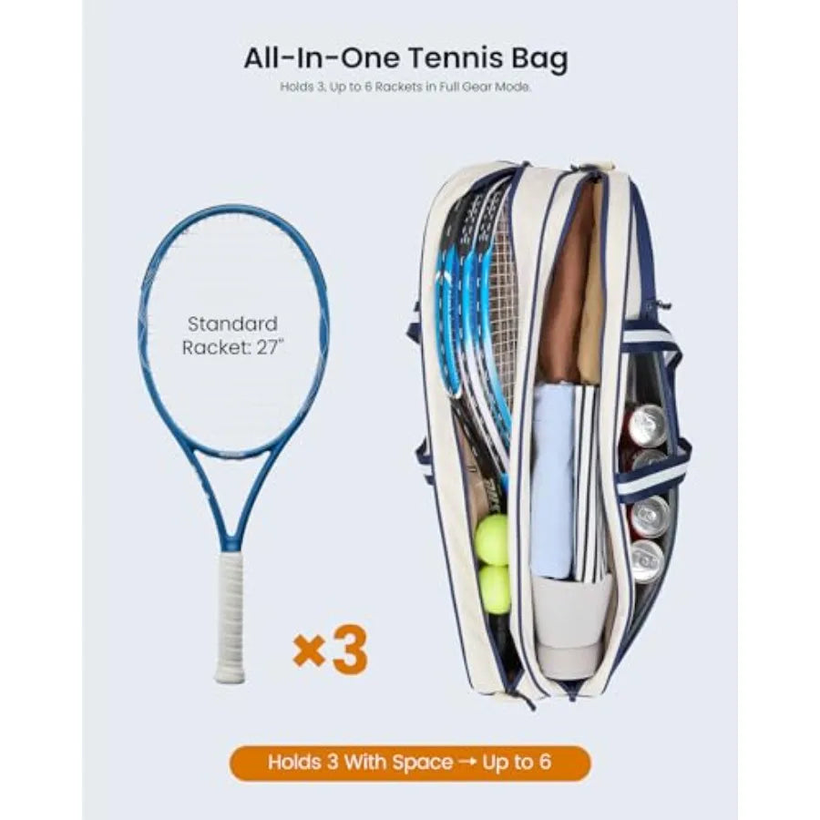 Tennis Bag for Women and Men, 3-6 Rackets Tennis Racket Bag with Shoe Compartment and Insulated Pocket, Water-Resistant Gym Bag