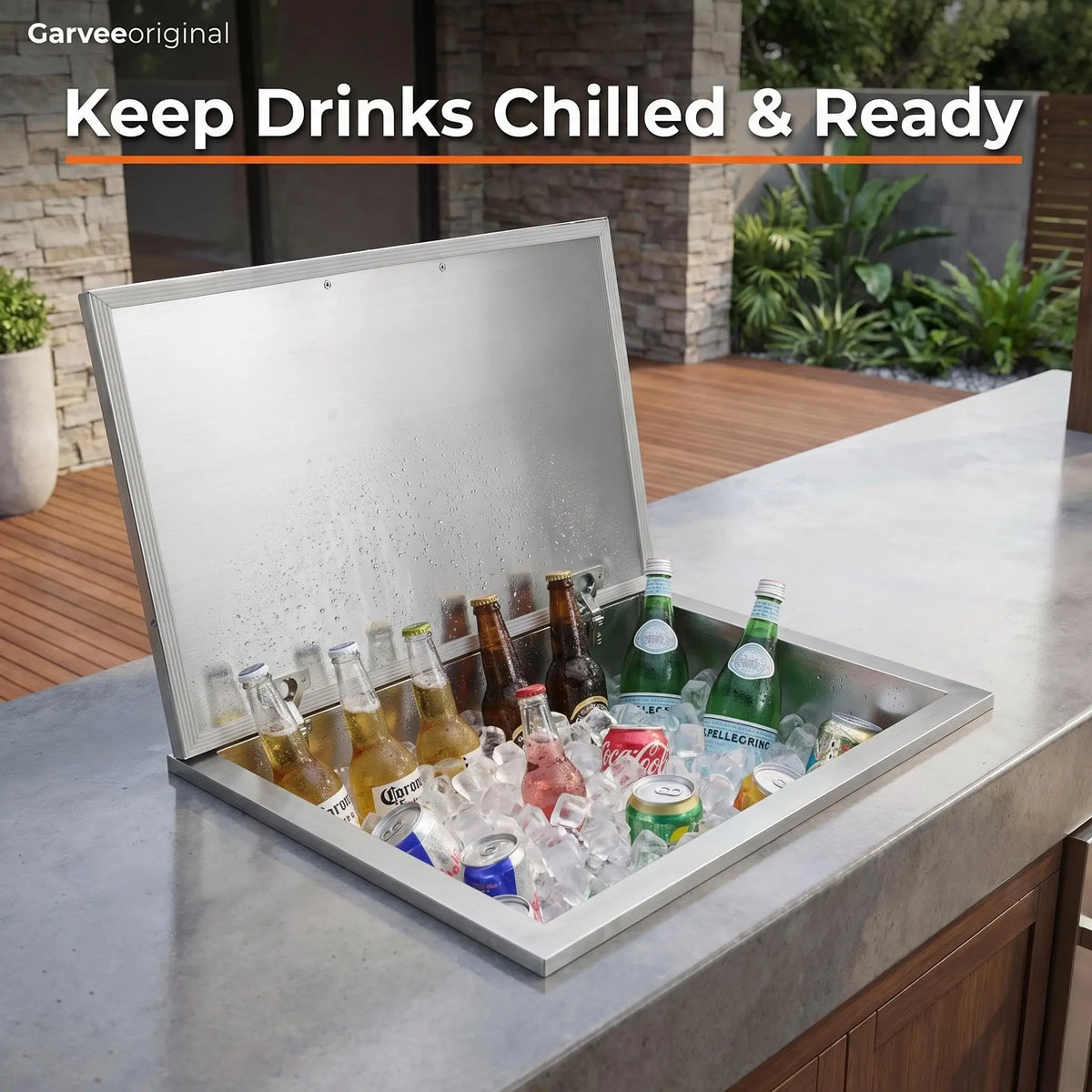 Drop-in Ice Chest, Large Capacity Stainless Ice Bin with Lid & Drain-Pipe Set, Commercial Grade Insulated Ice Bucket for Cold Wine Beer, Non-Electric 24H Cold Retention for Outdoor Kitchen&Bar