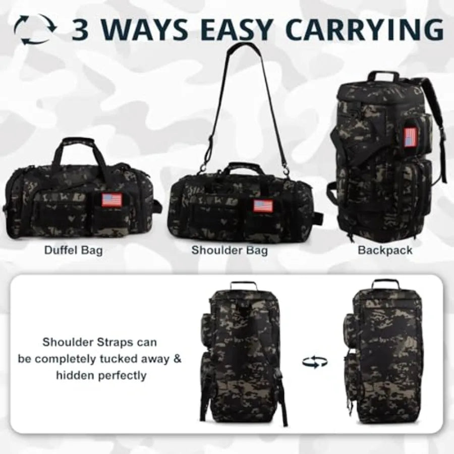 Tactical Gym Bag for Men 70L 3 in 1 Sports Duffle Bag with Shoes Compartment for Travel, Water Resistant Travel Backpack Weeken