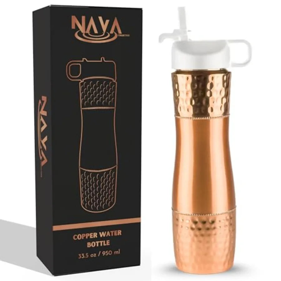 Pure Copper Water Bottle For Drinking Water with Straw and Sports Lid 33.5oz/ 950ml Ayurveda Copper Bottle for Ayurvedic Health