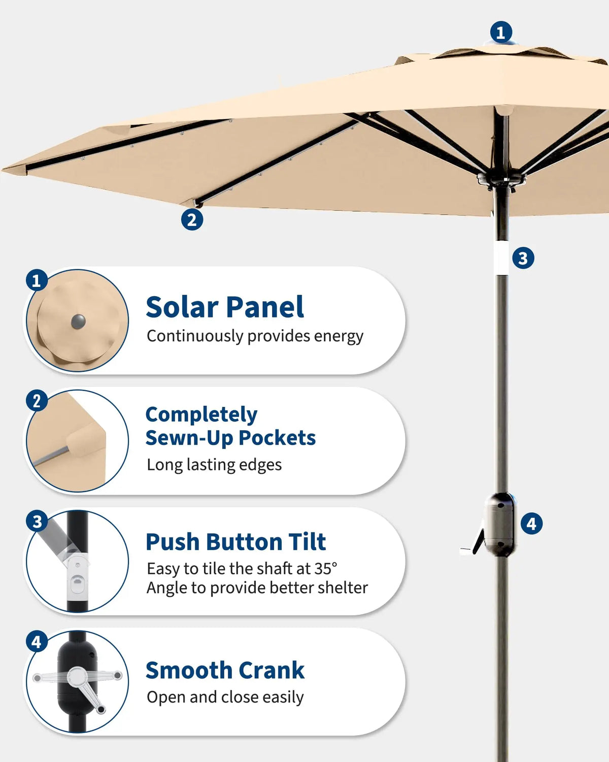 10 ft Patio Umbrella with Solar Lights, 8 Ribs Outdoor Market Table Umbrella with 40 LED Lights & Tilt Crank for Pool, Deck, Backyard (Tan)