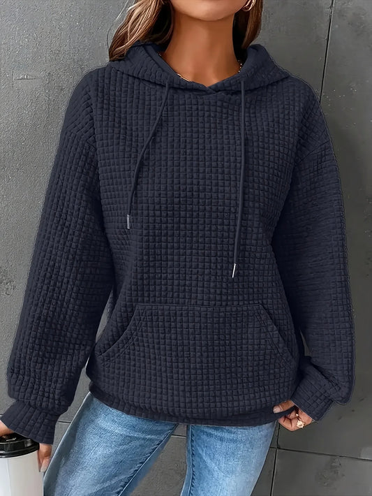 Women Short Length Waffle Knit Hoodie Solid Black Drawstring Pullover Sweatshirt Front Kangaroo Pocket Long Sleeve Casual Tops