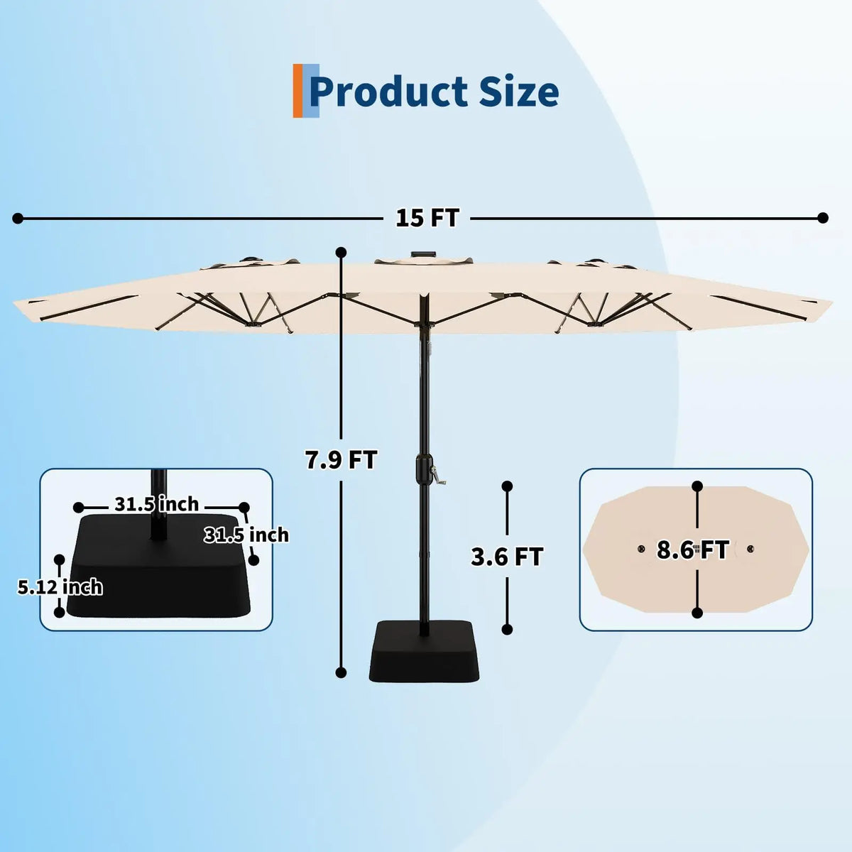 15ft Large Patio Umbrellas With Base Included, Outdoor Double-Sided Rectangle Market Umbrella With Stand, Solar Powered LED Outside Umbrellas for Poolside Lawn Backyard