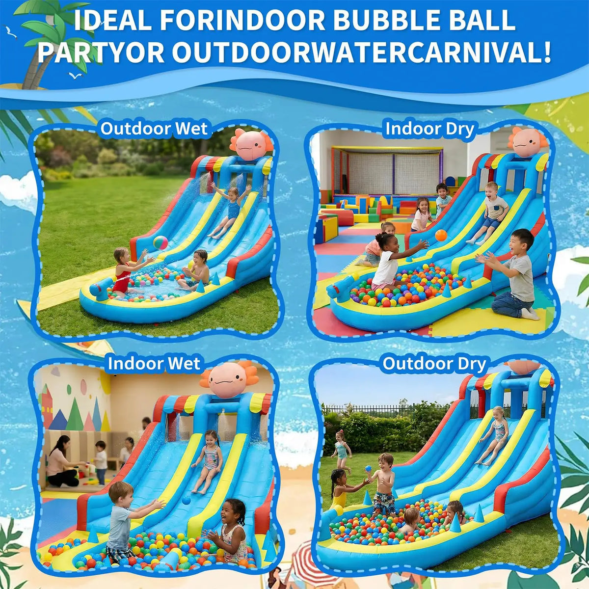 Inflatable Water Slide Bounce House for Kids 3-10, 8 in 1 Dual Slides Water Park Bouncy Castle with Blower, Jump House for Indoor Outdoor Backyard Birthday Holiday Party, Adorable Axolotl Theme