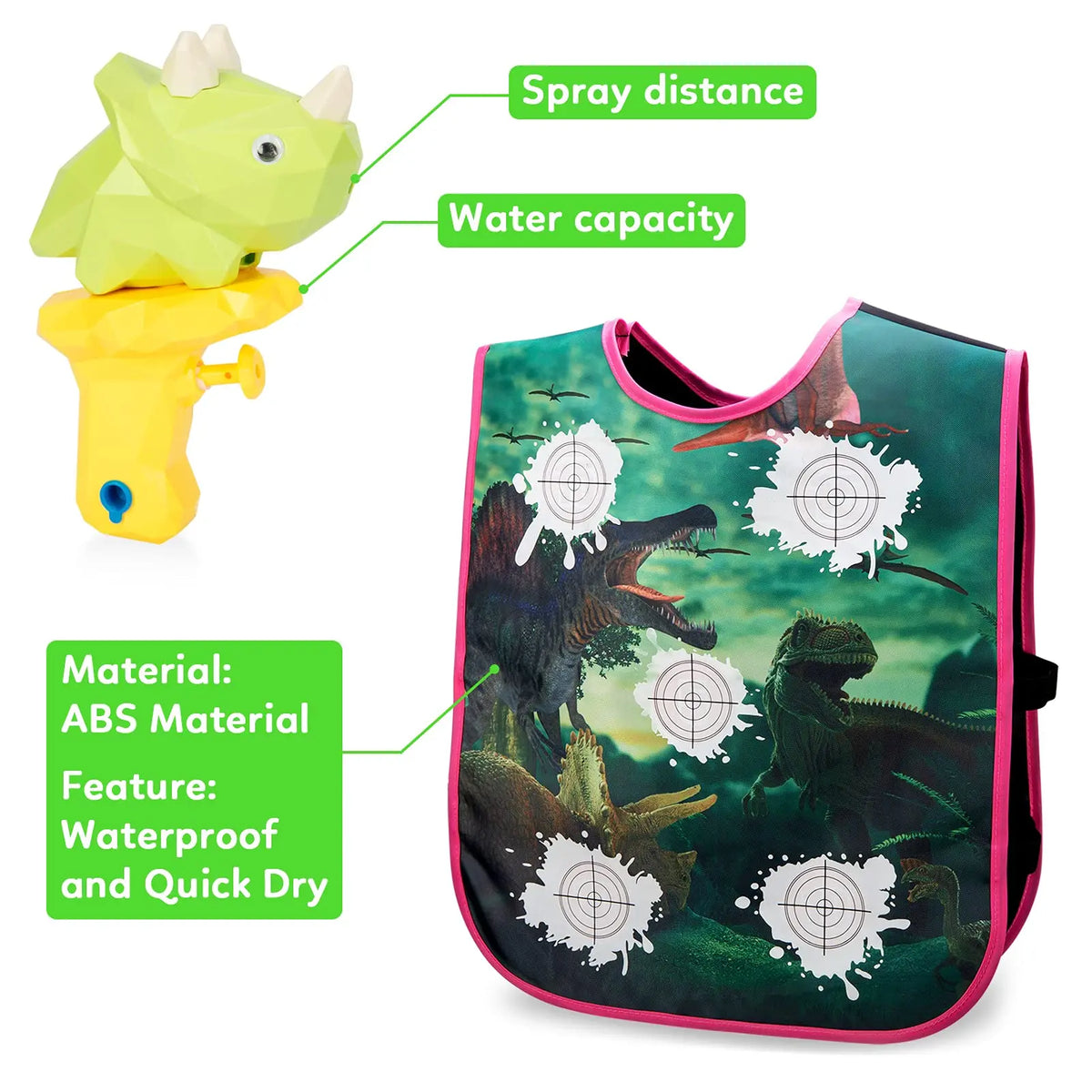 4Pcs Dinosaur Water Gun Battle Set with Vest, 2 Players Long Range Water Squirter Toy, Kids Outdoor Squirt Pistol for Pool Beach Backyard Party