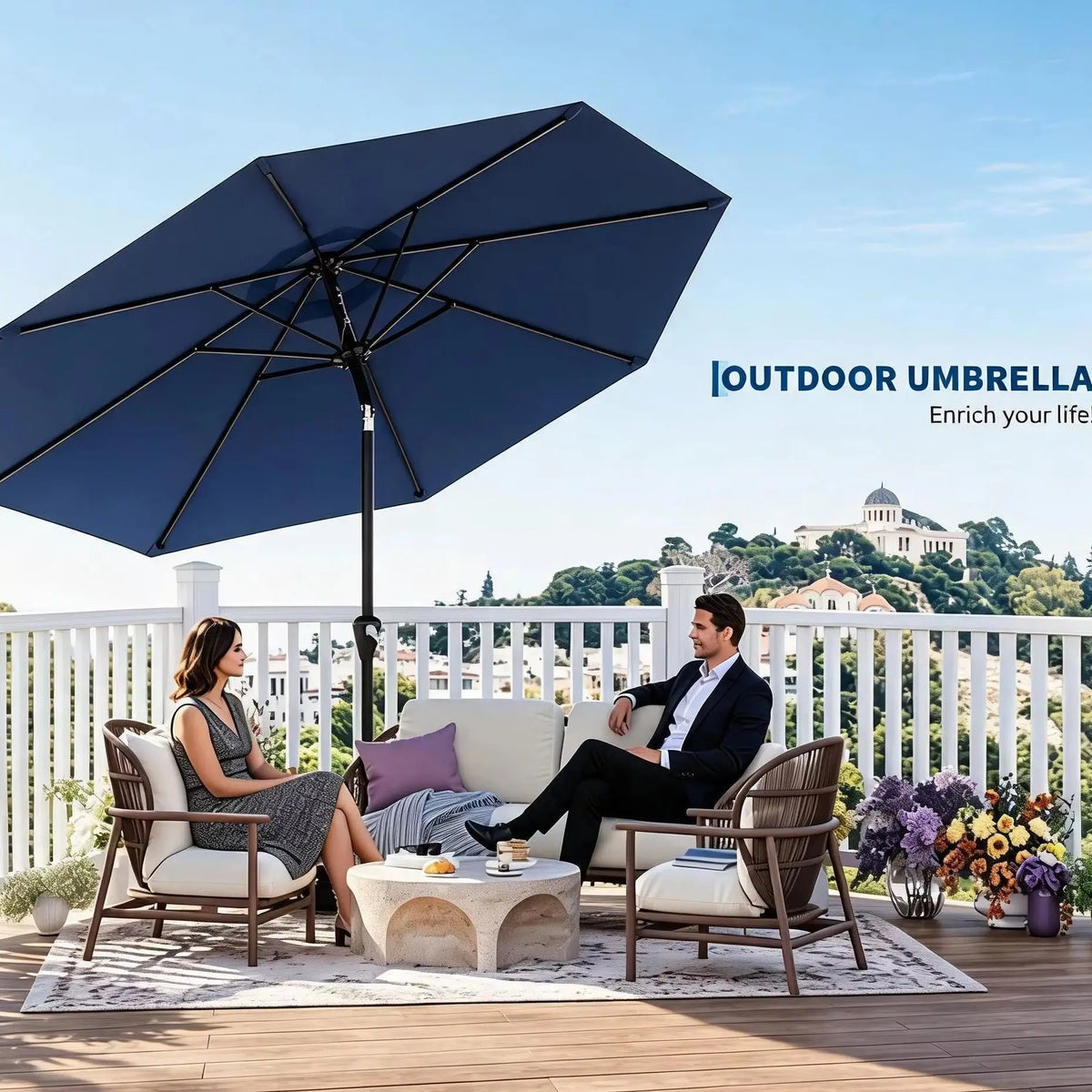 10FT Outdoor Patio Umbrella, Table Umbrella with Crank & Push Button Tilt, 8 Strong Ribs, Water Resistant & UV Protection for Garden Pool Deck Backyard Market (Navy Blue)
