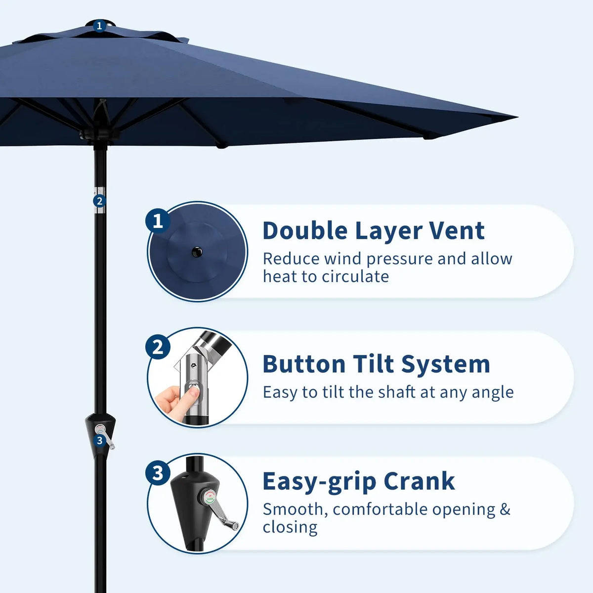 10FT Outdoor Patio Umbrella, Table Umbrella with Crank & Push Button Tilt, 8 Strong Ribs, Water Resistant & UV Protection for Garden Pool Deck Backyard Market (Navy Blue)