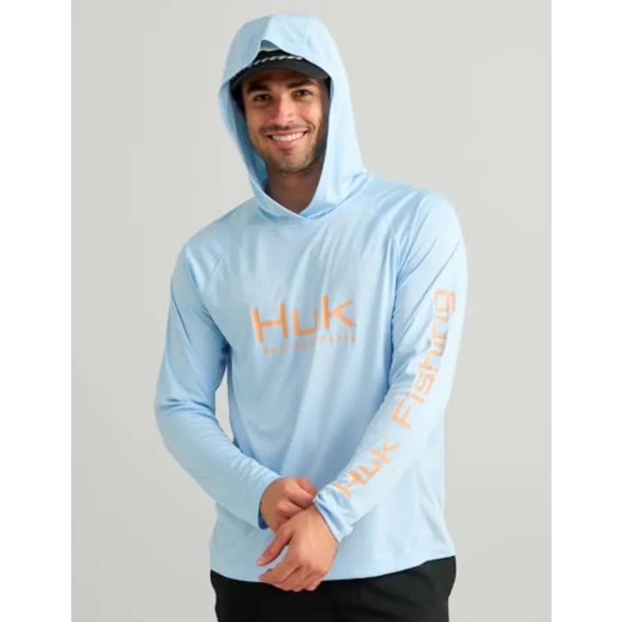 Mens Pursuit Vented Long Sleeve Hoodie for fishing, polyester mesh blend, navy blue, breathable and sun-protective