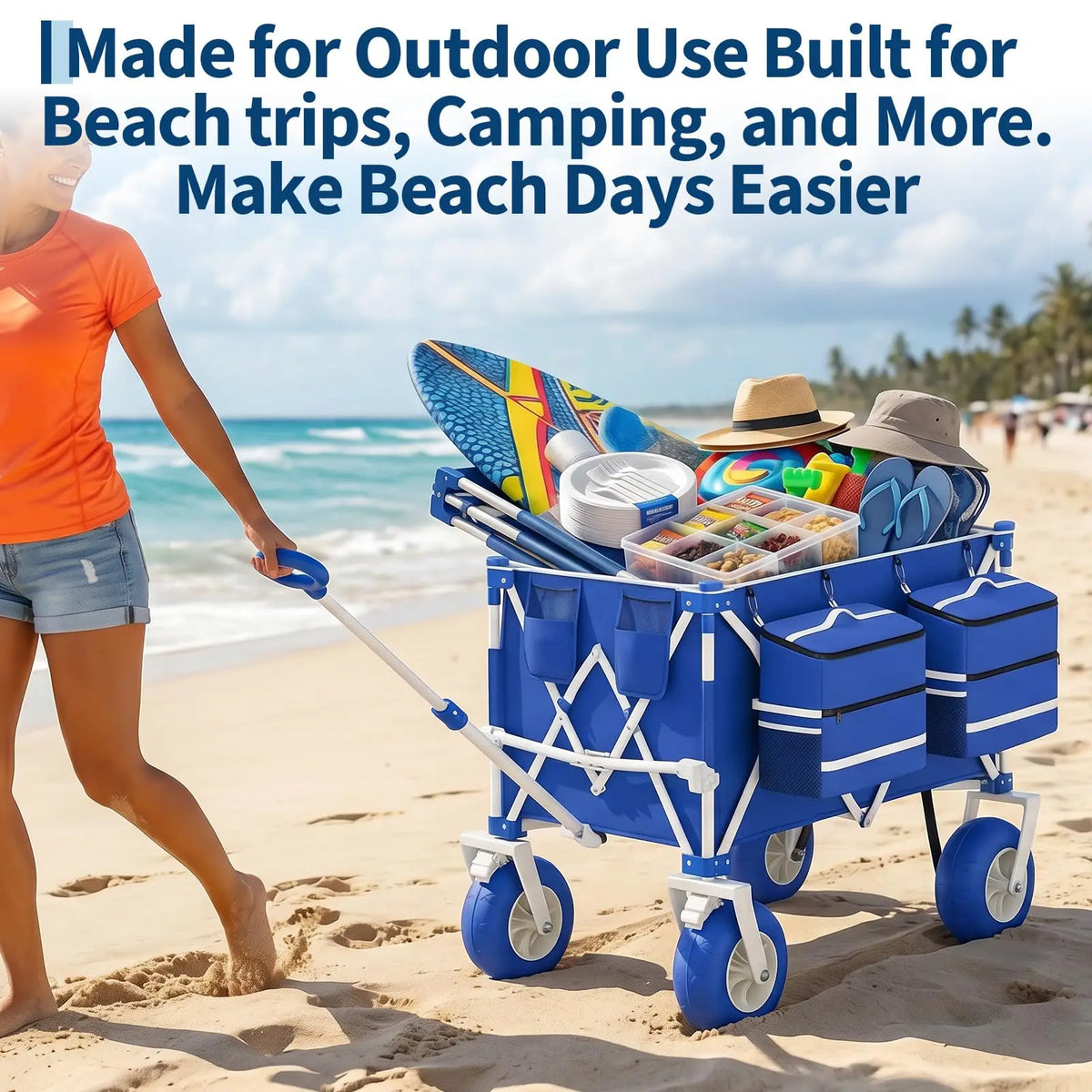 Beach Wagon with Big Wheels for Sand, 460LBS Folding Beach Cart | Heavy Duty Folding, 460 LBS Capacity, Adjustable Handle, 600D Oxford Fabric, For Beach, Camping, Sports, Garden