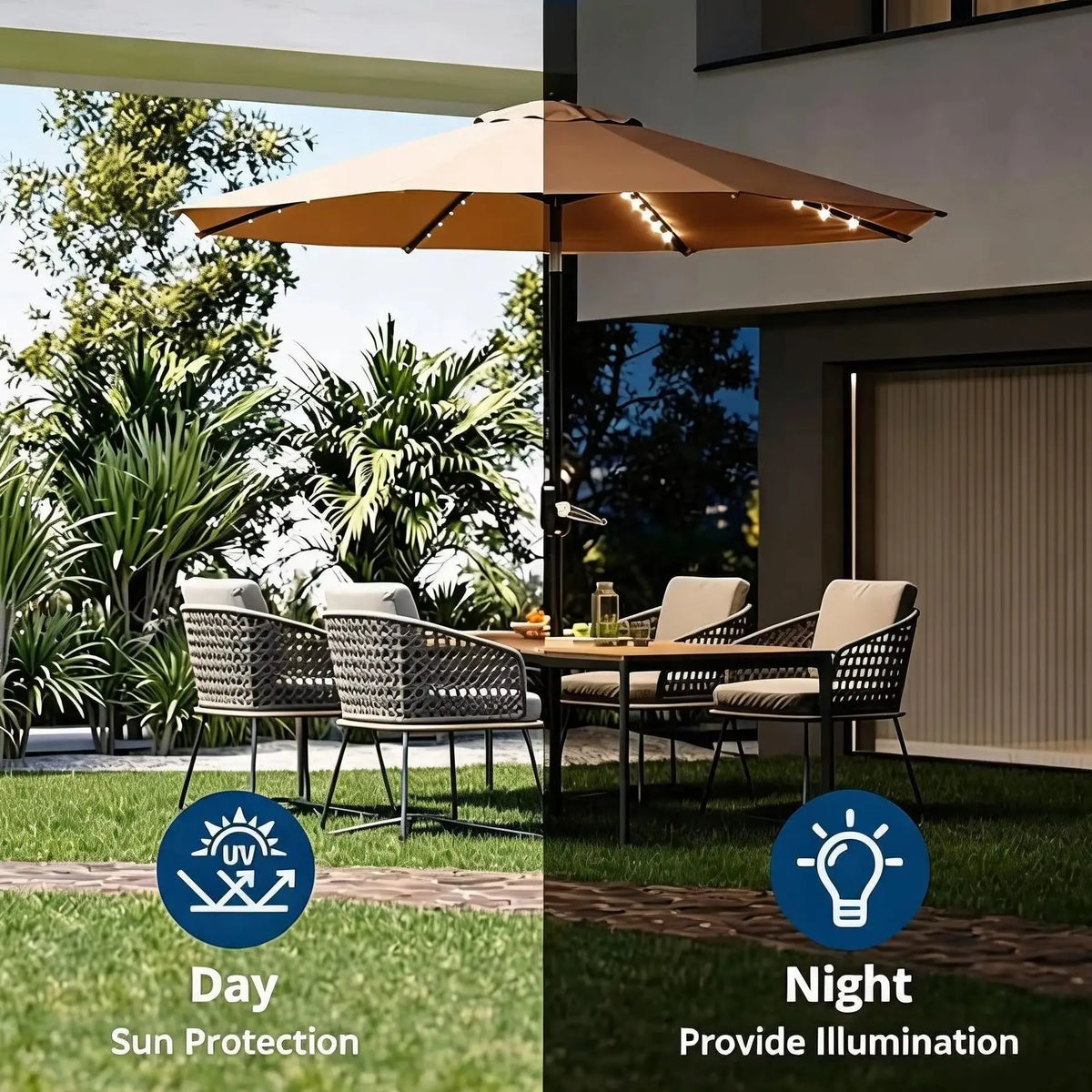 10 ft Patio Umbrella with Solar Lights, 8 Ribs Outdoor Market Table Umbrella with 40 LED Lights & Tilt Crank for Pool, Deck, Backyard (Tan)