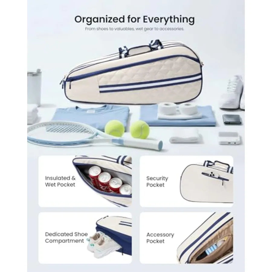 Tennis Bag for Women and Men, 3-6 Rackets Tennis Racket Bag with Shoe Compartment and Insulated Pocket, Water-Resistant Gym Bag