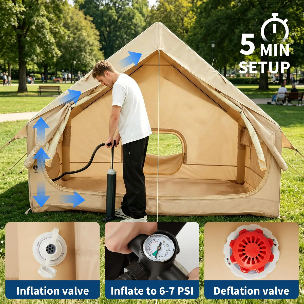 Inflatable Tent for Camping, Waterproof Air Glamping Tent with Skylight, Blow Up Tent with Stove Jack, Family Camping, Glamping & 4-Season Outdoor Use, 2-6 Person