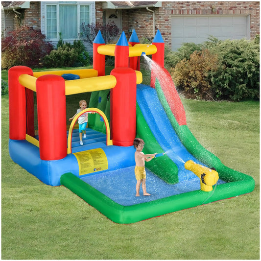 6-in-1 Kids Inflatable Bounce House with Pool, Climbing Wall, and Water Slide - Outdoor Summer Party Playground for Boys and Girls