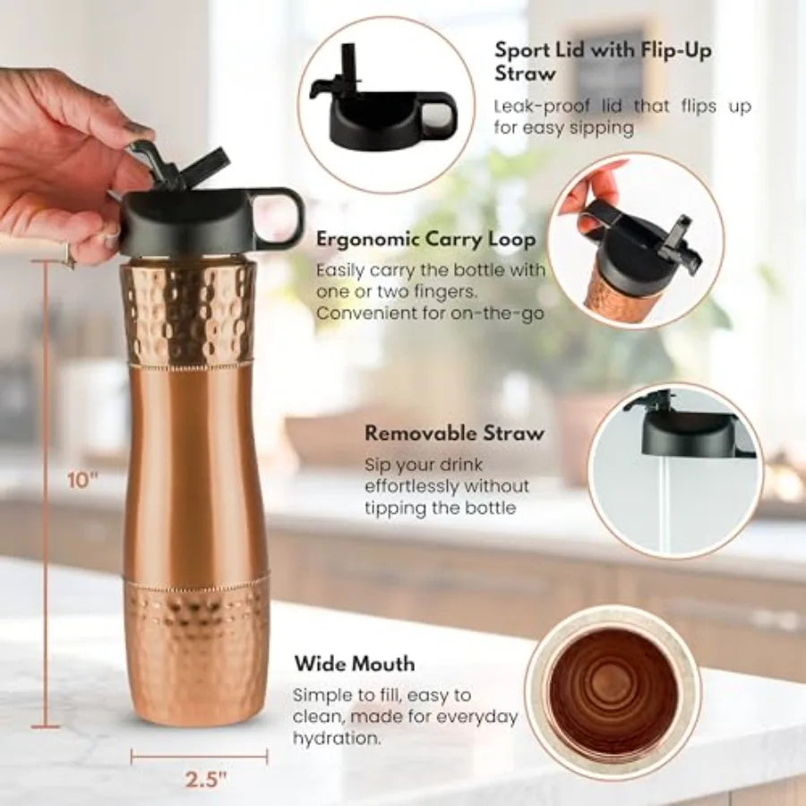 Pure Copper Water Bottle For Drinking Water with Straw and Sports Lid 33.5oz/ 950ml Ayurveda Copper Bottle for Ayurvedic Health