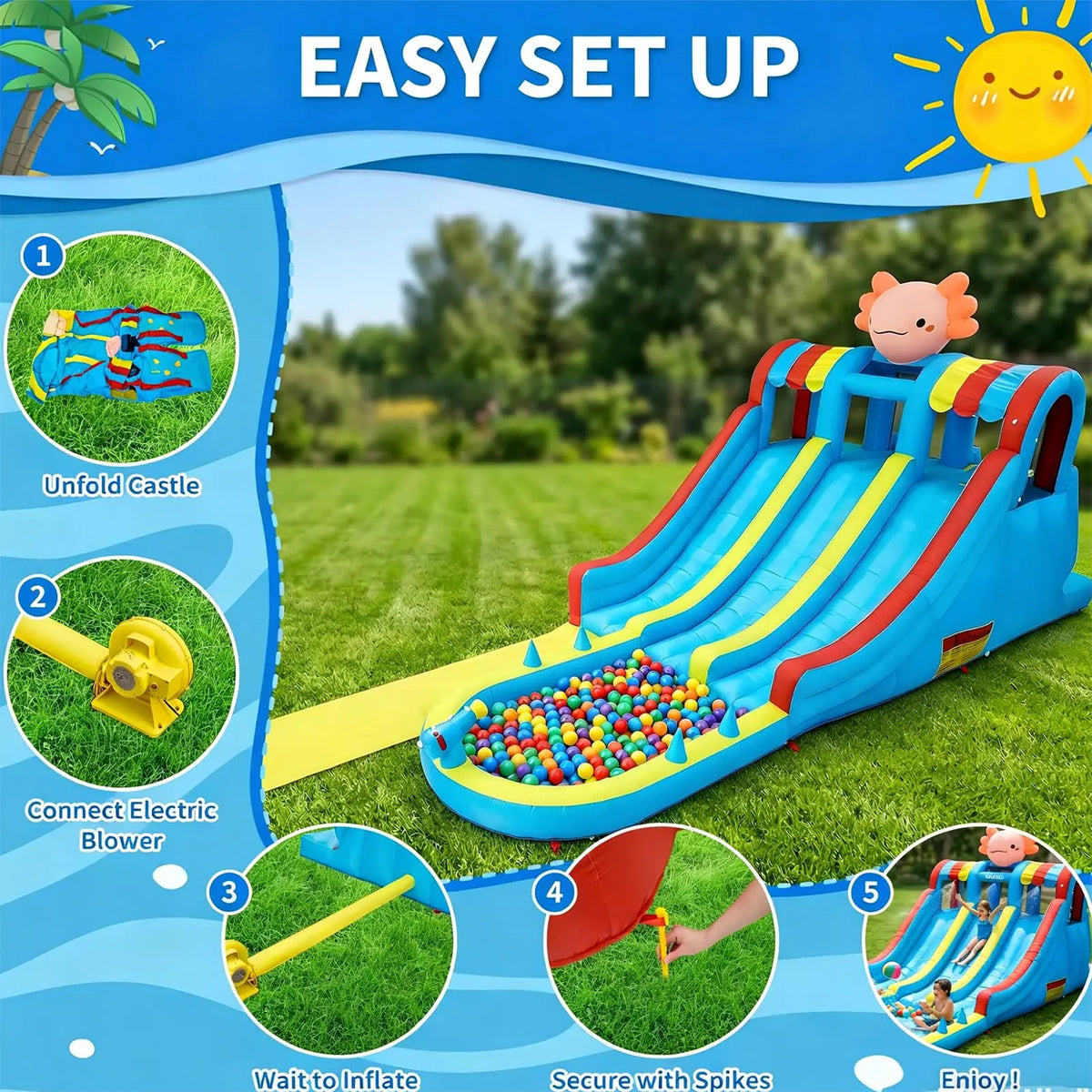 Inflatable Water Slide Bounce House for Kids 3-10, 8 in 1 Dual Slides Water Park Bouncy Castle with Blower, Jump House for Indoor Outdoor Backyard Birthday Holiday Party, Adorable Axolotl Theme