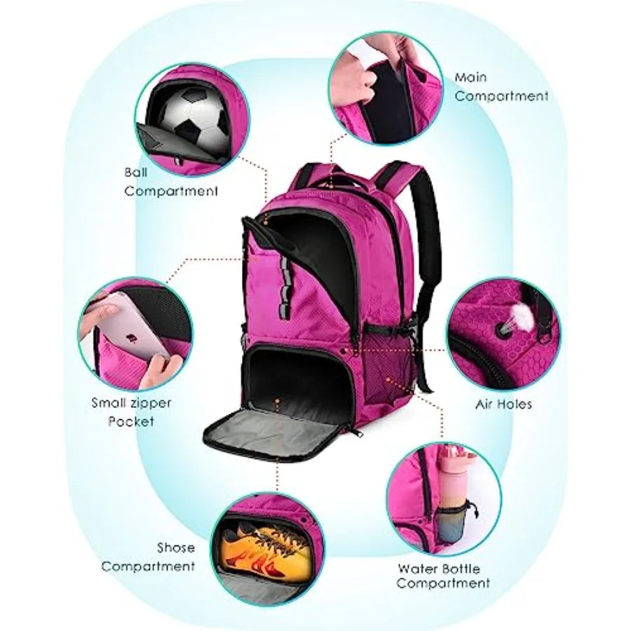 Soccer Backpack Sports Bag with Ball Holder and Shoe Compartment for Football Basketball Volleyball Rugby
