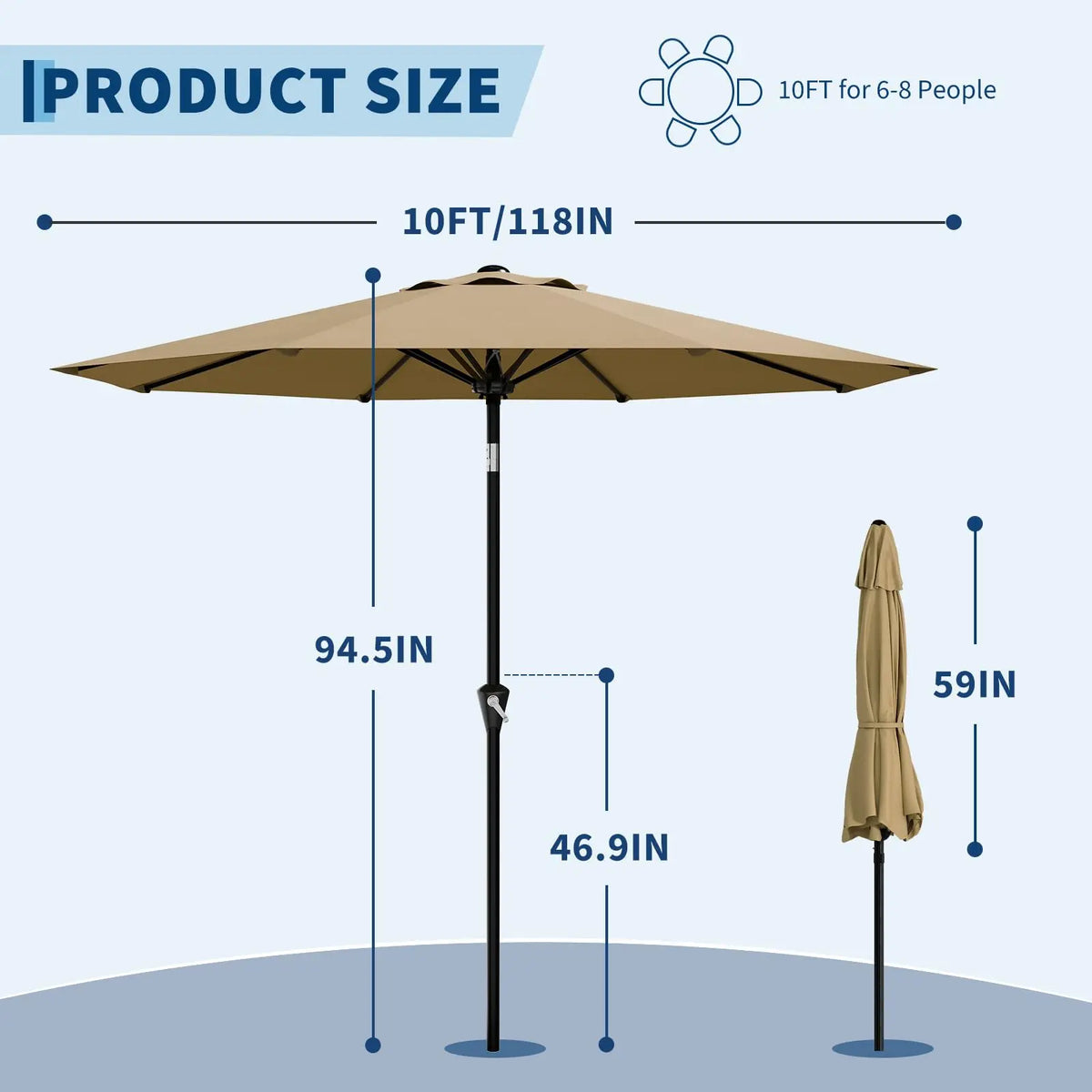 10FT Patio Umbrella - Outdoor Table Umbrella with Smooth Crank Lift, Push Button Tilt and 8 Sturdy Ribs - Market Umbrella UV Protection Waterproof for Pool, Deck, Yard, Garden (khaki)