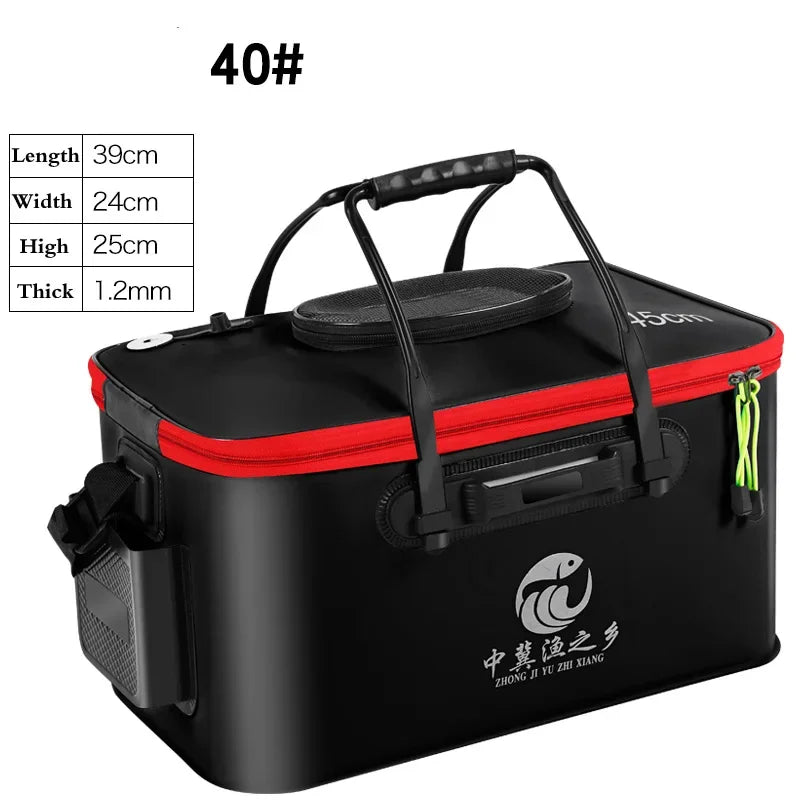 New 30-50cm Fishing Bucket EVA Foldable Carrying Handle Collapsible Live Fish Box with Side Pocket and Zipper for Travel Camping
