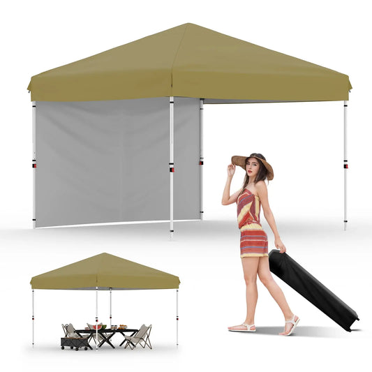 10'x10' Instant Pop Up Canopy with Single Sidewall, One Push Setup, 3 Height Settings, Wheeled Bag and 4 Sand Weight Bags