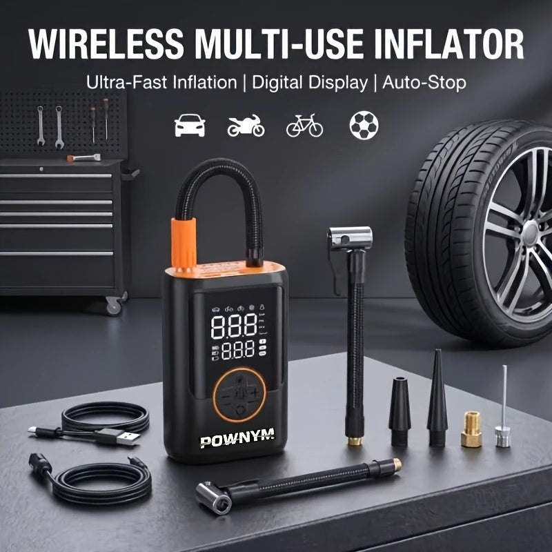 POWNYM Wireless Tire Inflator Air Compressor, Portable 2-in-1 Jump Starter with Digital Pressure Gauge, LED Light & Multi Nozzles for Car Motorcycle Bike Sports Balls