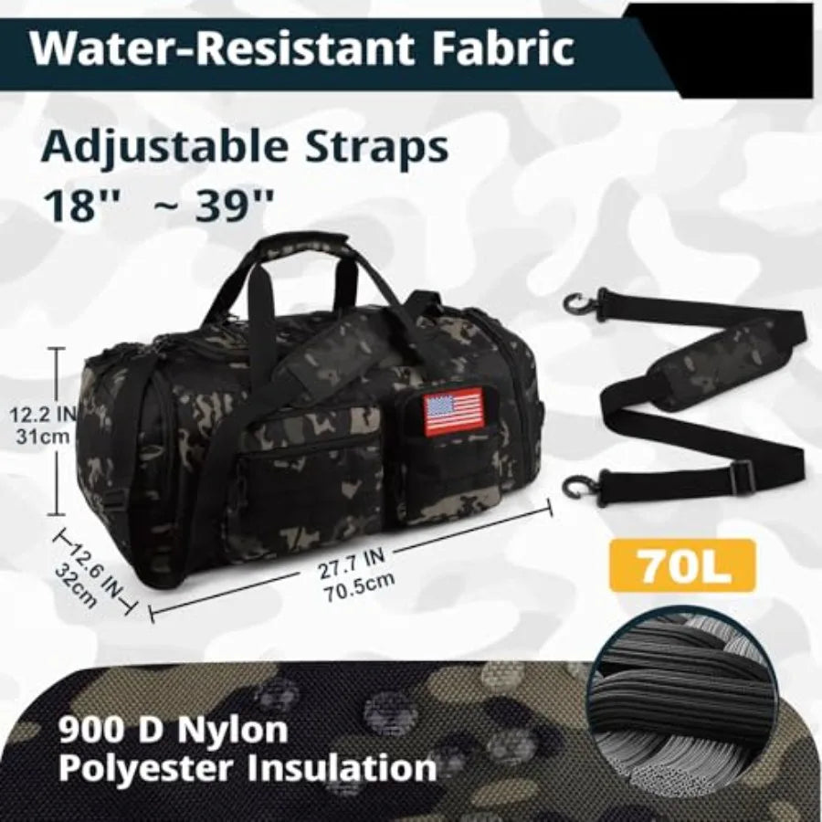 Tactical Gym Bag for Men 70L 3 in 1 Sports Duffle Bag with Shoes Compartment for Travel, Water Resistant Travel Backpack Weeken