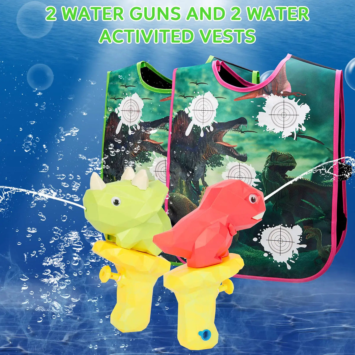4Pcs Dinosaur Water Gun Battle Set with Vest, 2 Players Long Range Water Squirter Toy, Kids Outdoor Squirt Pistol for Pool Beach Backyard Party