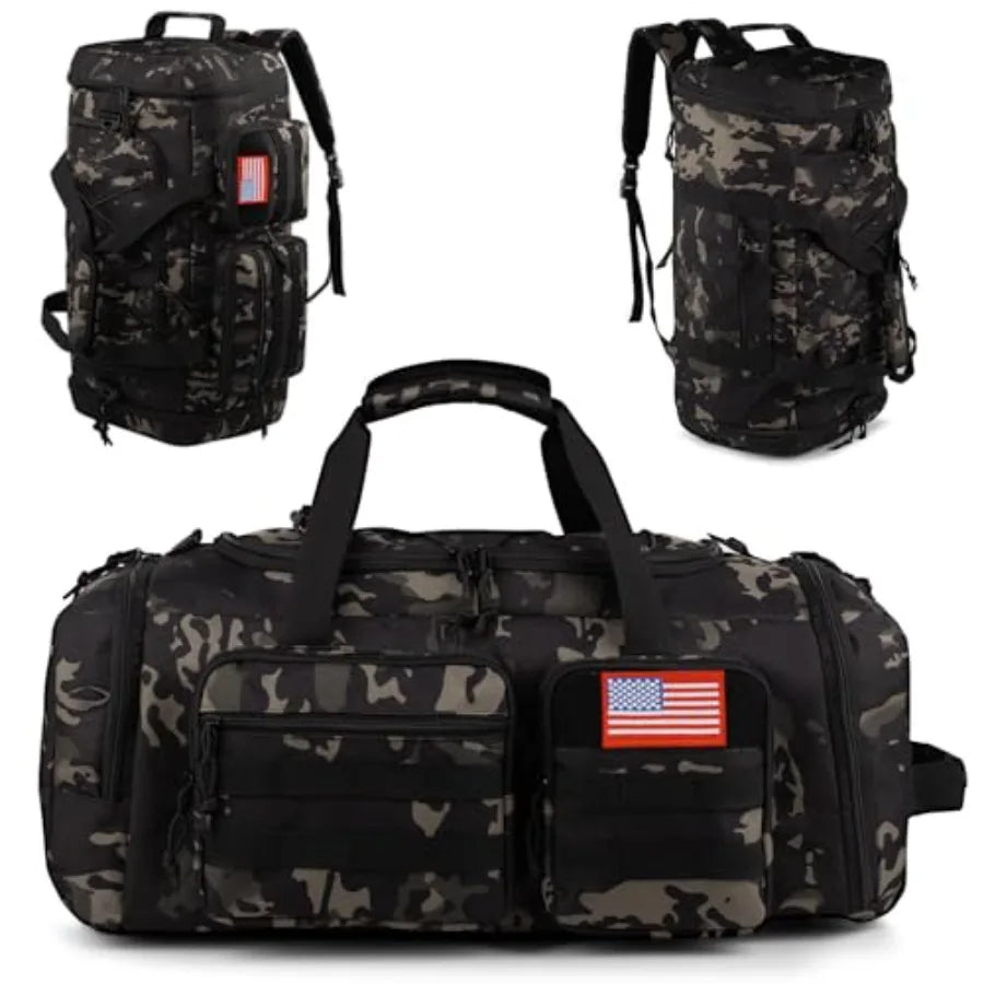 Tactical Gym Bag for Men 70L 3 in 1 Sports Duffle Bag with Shoes Compartment for Travel, Water Resistant Travel Backpack Weeken