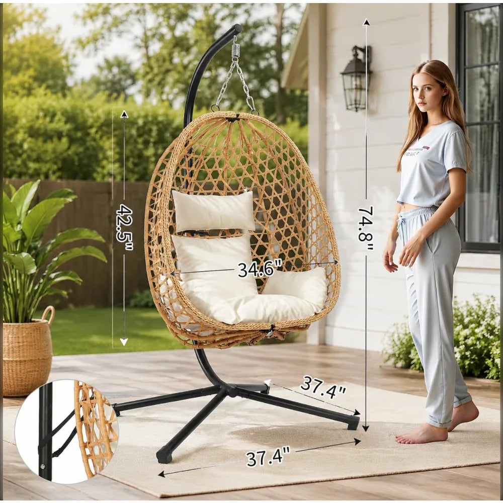 Egg Chair with Stand, Patio Wicker Hanging Chair, Hammock Swing, 350LBS for Bedroom, Balcony, Garden