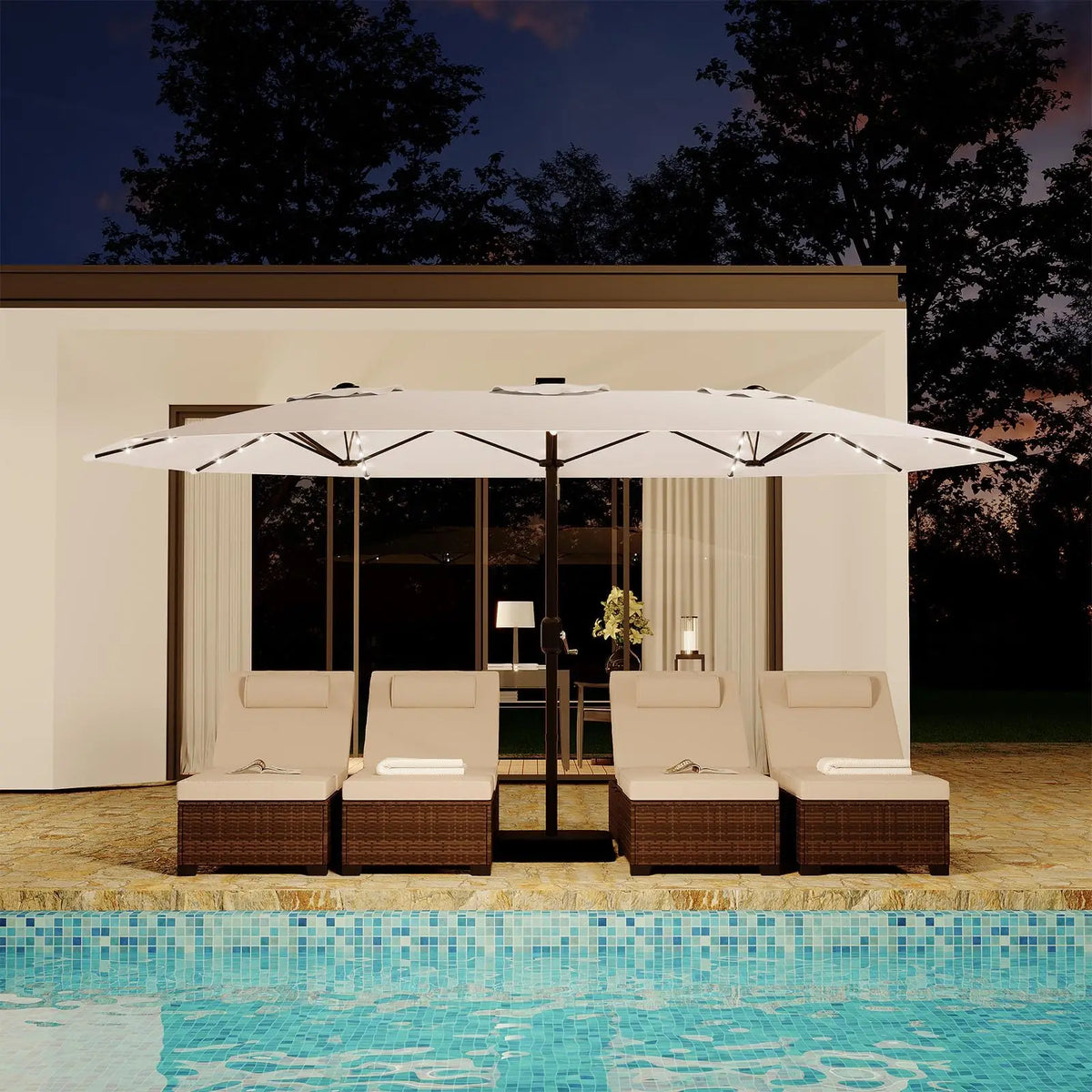 15ft Large Patio Umbrellas With Base Included, Outdoor Double-Sided Rectangle Market Umbrella With Stand, Solar Powered LED Outside Umbrellas for Poolside Lawn Backyard